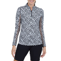 IBKUL Women's Gingham Print Long Sleeve Mock Neck Golf Top - Black/White