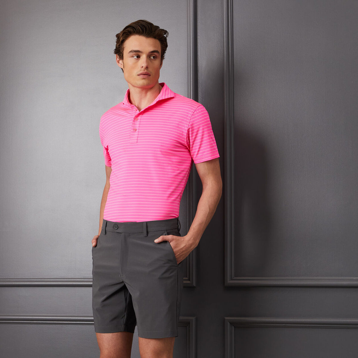 G/fore Clube Stripe Tech Jersey Polo Golf Shirt - Knockout Pink