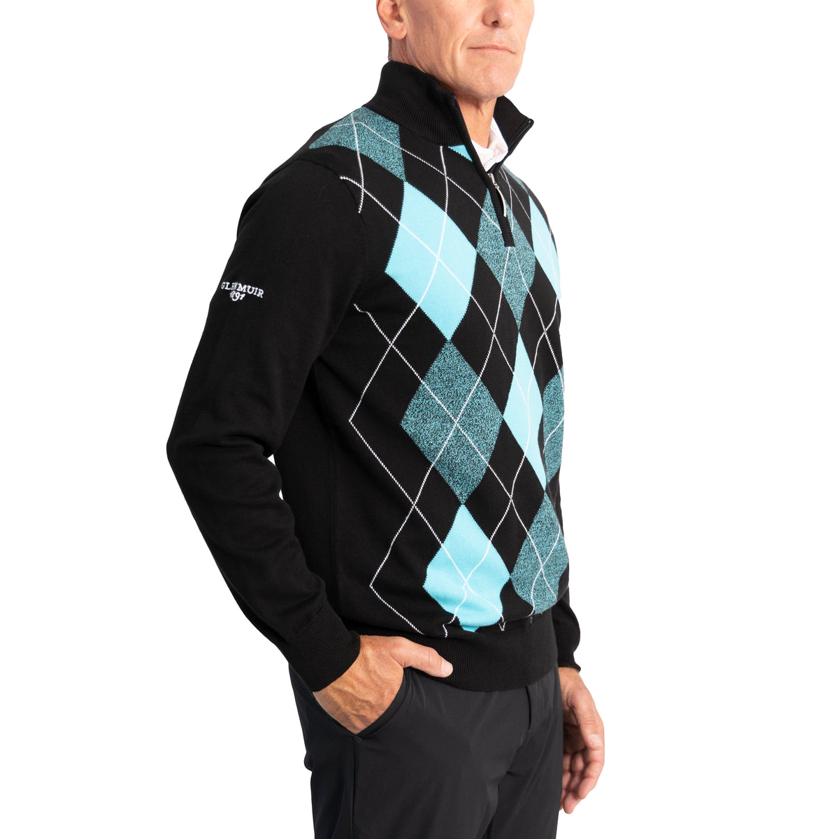 Glenmuir Lauder Quarter Zip Diamond Argyle Cotton Golf Pullover - Black/ Aqua