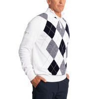 Glenmuir Lauder Quarter Zip Diamond Argyle Cotton Golf Pullover - White/ Navy