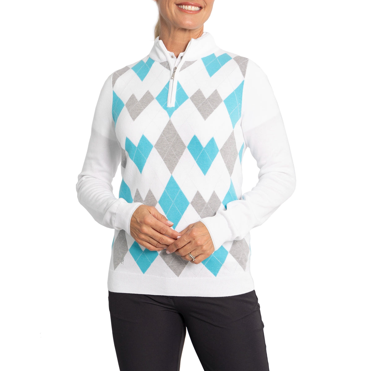 Glenmuir Women's Bonnie Quarter Zip Argyle Cotton Golf Pullover - White/ Aqua