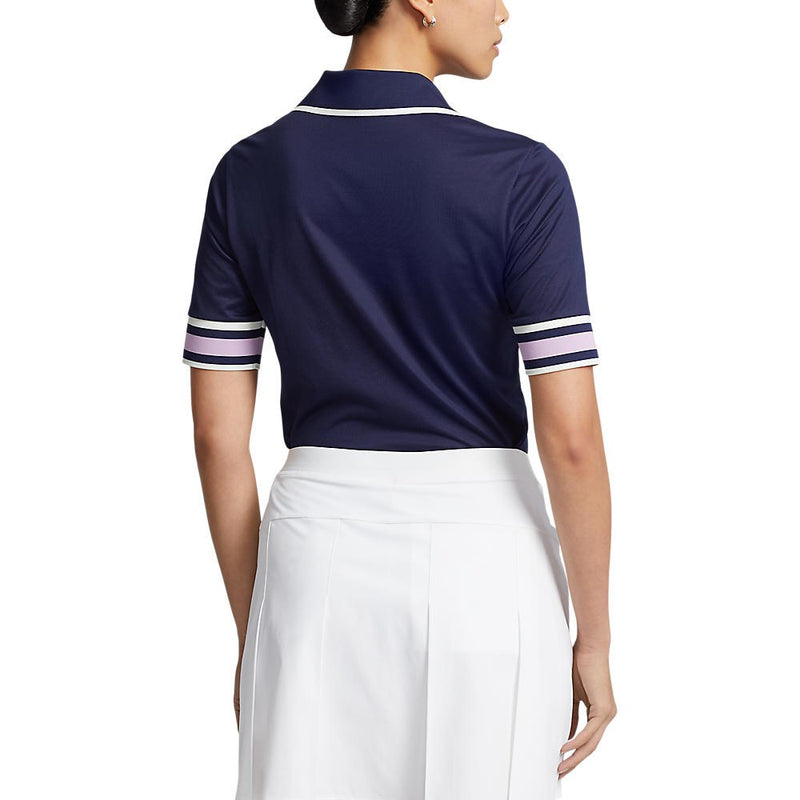 RLX Ralph Lauren Women's Tour Pique V-Neck Golf Polo Shirt - French Navy/Light Mauve/Chic Cream